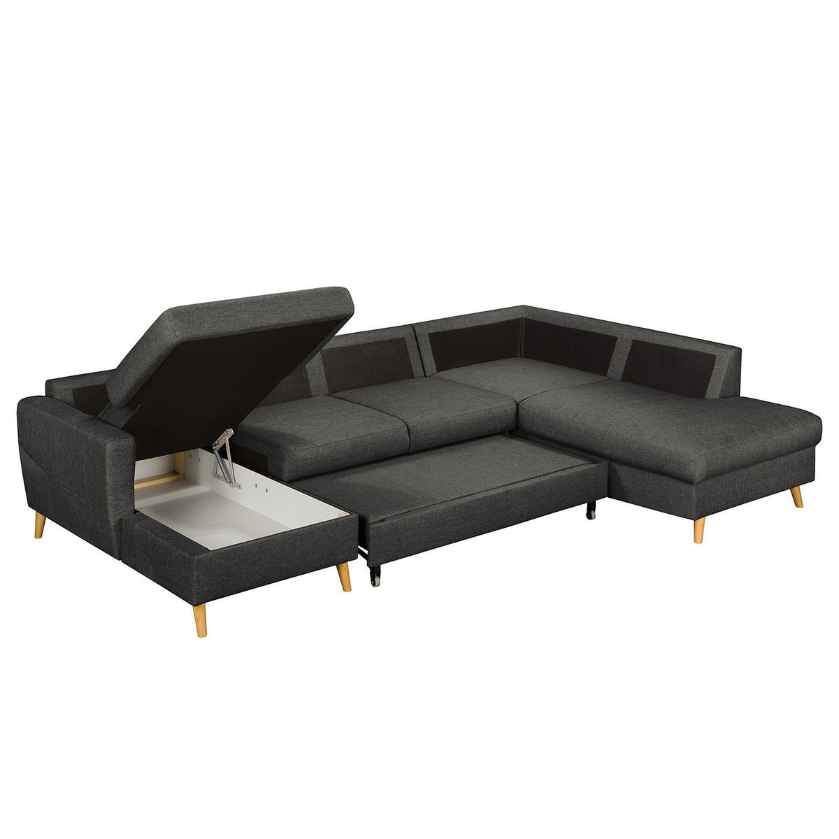 WOHNLANDSCHAFT mit Longchair - Dunkelgrau/Schwarz, Textil (290/90/200cm) - home24