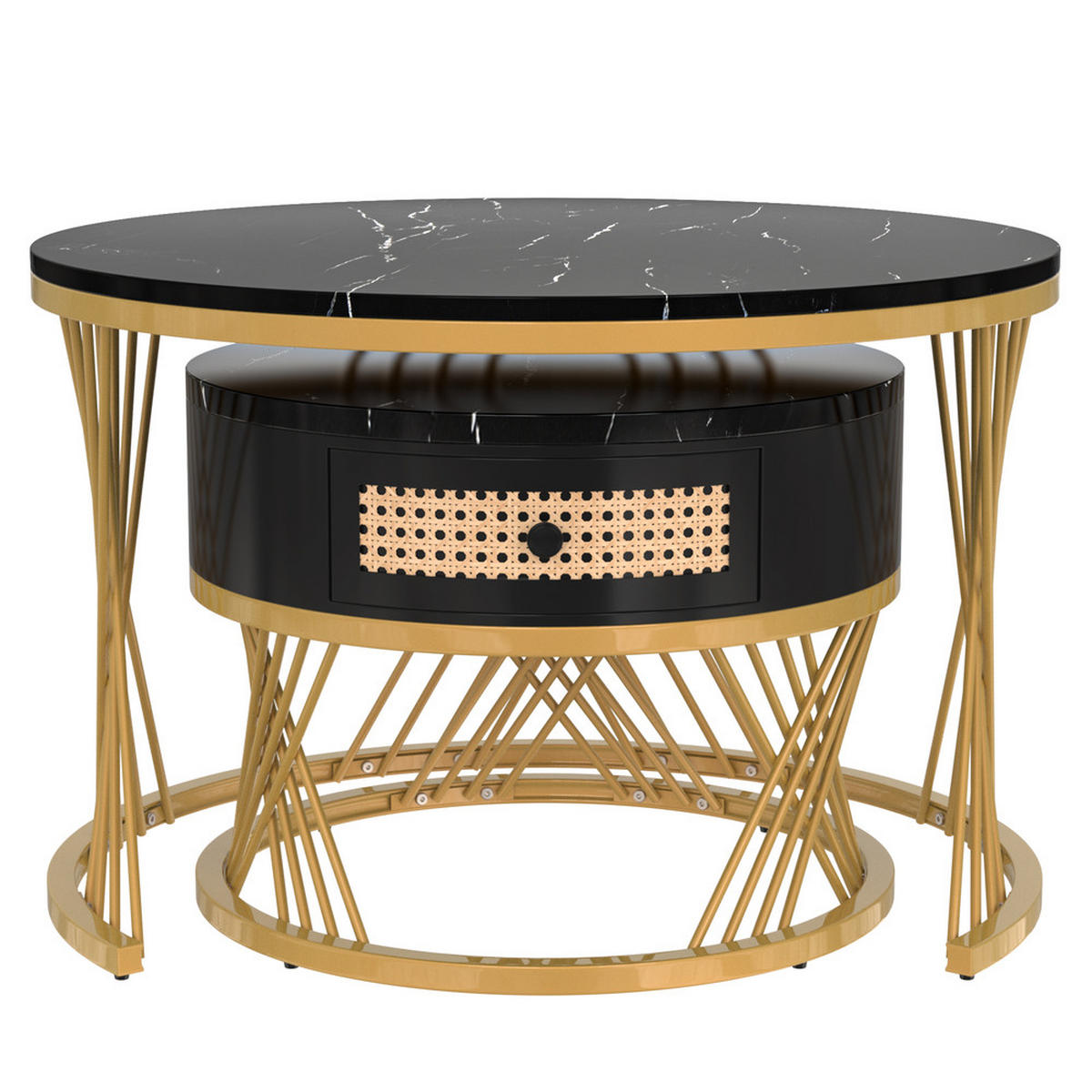 COUCHTISCH SET 2-in-1 Rund Marmoroptik Rattanschubladen goldene Füße - Schwarz, Holz (79/76/23cm) - FLIEKS