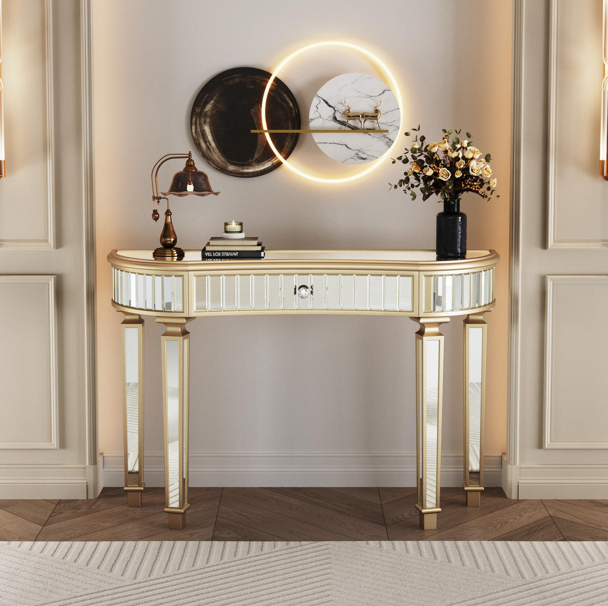 KONSOLENTISCH aus Glas und MDF 120x38x78 cm Gold/Silber mit Schublade und Spiegeldesign - Goldfarben, Holzwerkstoff (38/120/78cm) - Modfu