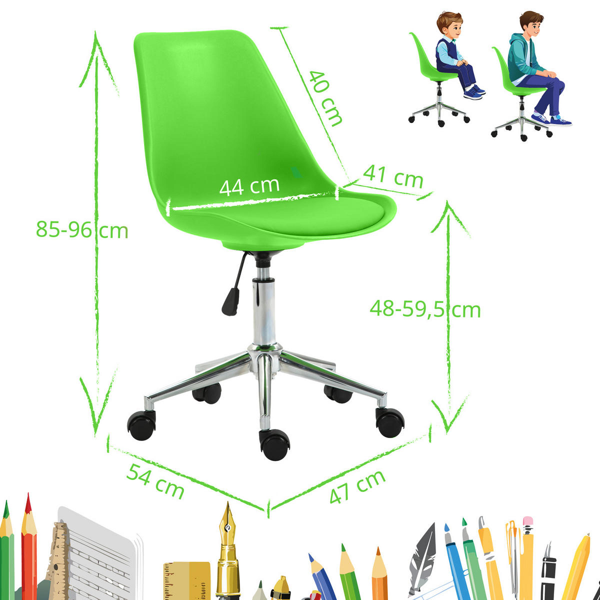 KINDERSCHREIBTISCHSTUHL EDDY Grün - Silberfarben/Grün, Textil (47/96/54cm) - SVITA