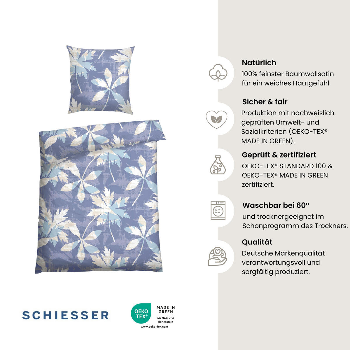 BETTWÄSCHESET Vera Baumwollsatin 2-teilig - Blau, Textil (135/200cm) - SCHIESSER