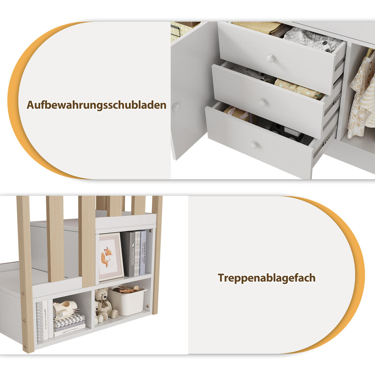 KINDERHOCHBETT 90/200 cm mit Treppe, Schubladen, 2 Schränken und Kleiderstange aus MDF, Weiß - Weiß, Holzwerkstoff (90/200cm) - Redom