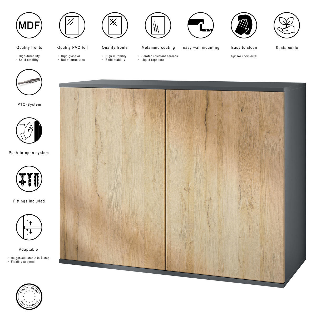 KOMMODE Skadu Grau Hochglanz - Grau, Holzwerkstoff (92.5/73.5/35cm) - Vladon