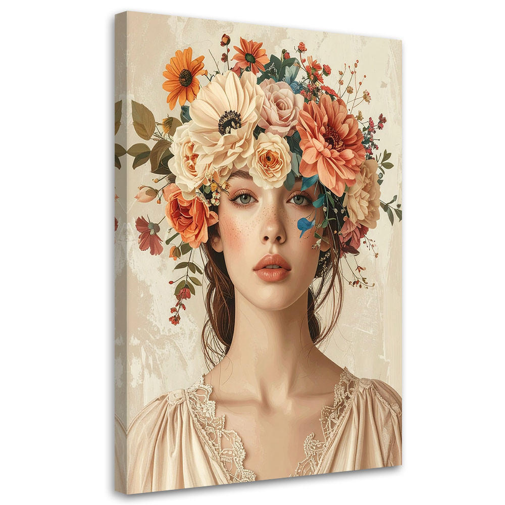 LEINWANDBILD, Frauenporträt mit Blumenstrauß in Pastelltönen - Beige, Textil (70/100cm) - Feeby