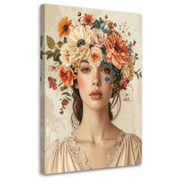 LEINWANDBILD, Frauenporträt mit Blumenstrauß in Pastelltönen - Beige, Textil (70/100cm) - Feeby