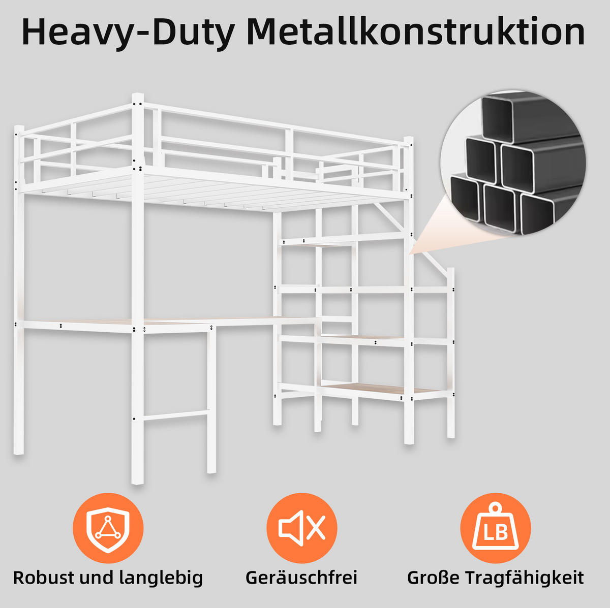 HOCHBETT 90/200 cm mit L-förmigem Schreibtisch, Treppe, Stauraum und umlaufendem Geländer, Weiß - Weiß, Metall (90/200cm) - Redom