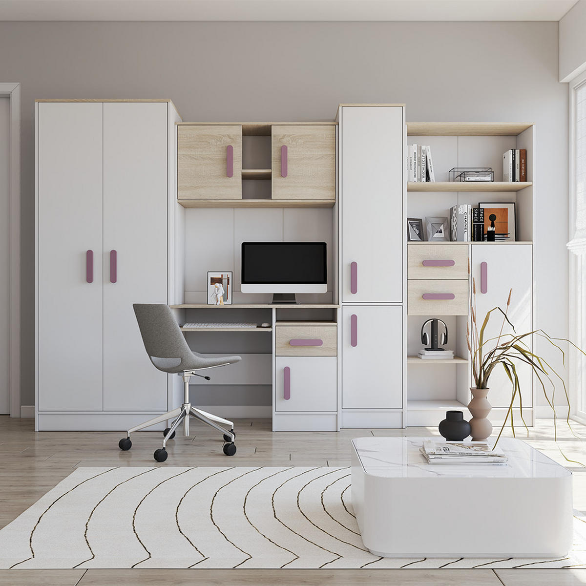 WOHNWAND Markus Weiß Sonoma Eiche mit griffenfarbe: Erik - Lila/Weiß, Holzwerkstoff (300/197/52cm) - imoebel24