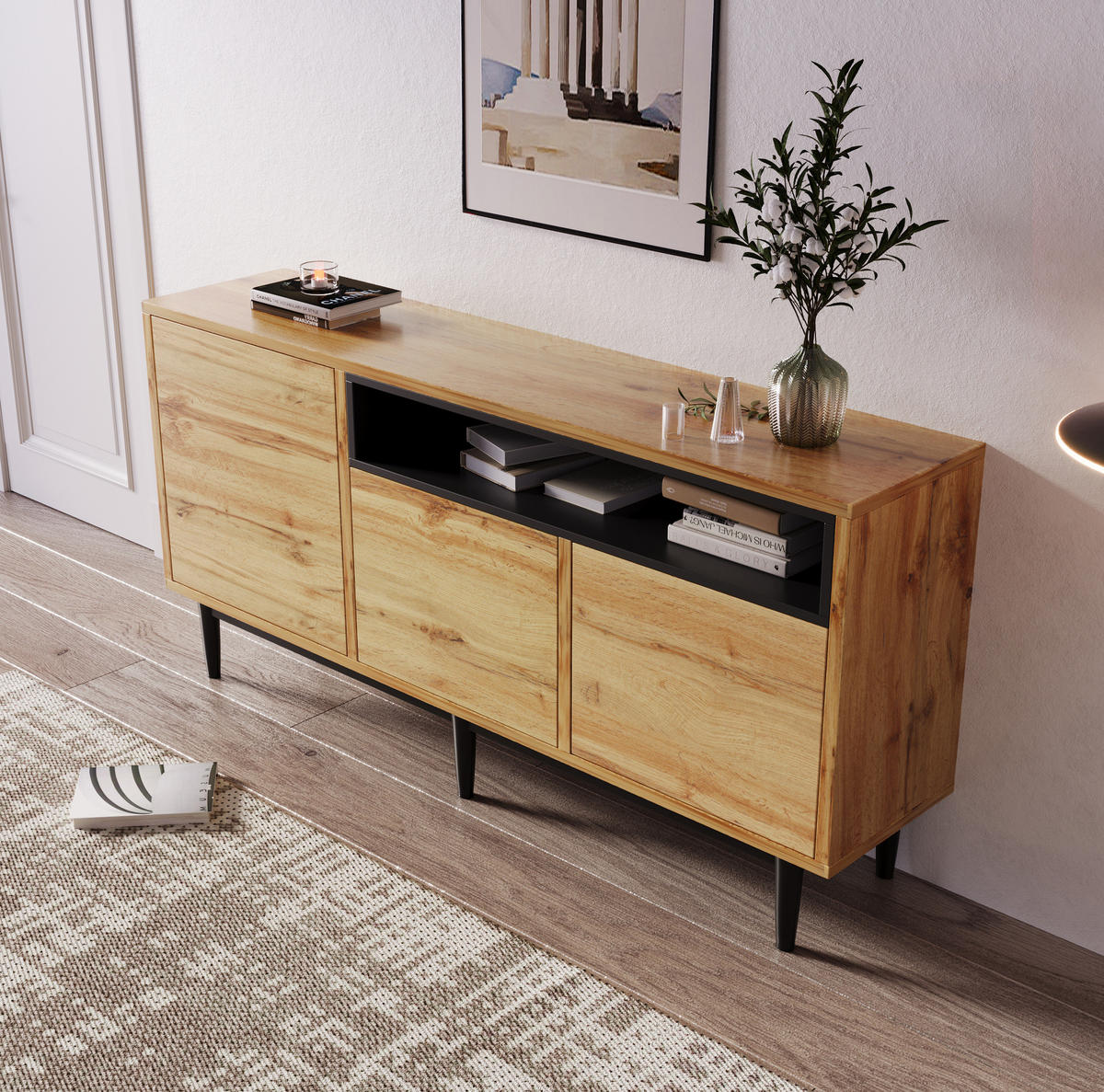 SIDEBOARD 160/35/76 cm Schwarz/Holzfarben aus MDF mit 3 Türen und verstellbaren Regalen - Naturfarben, Holzwerkstoff (35/76/160cm) - OKMYHOME