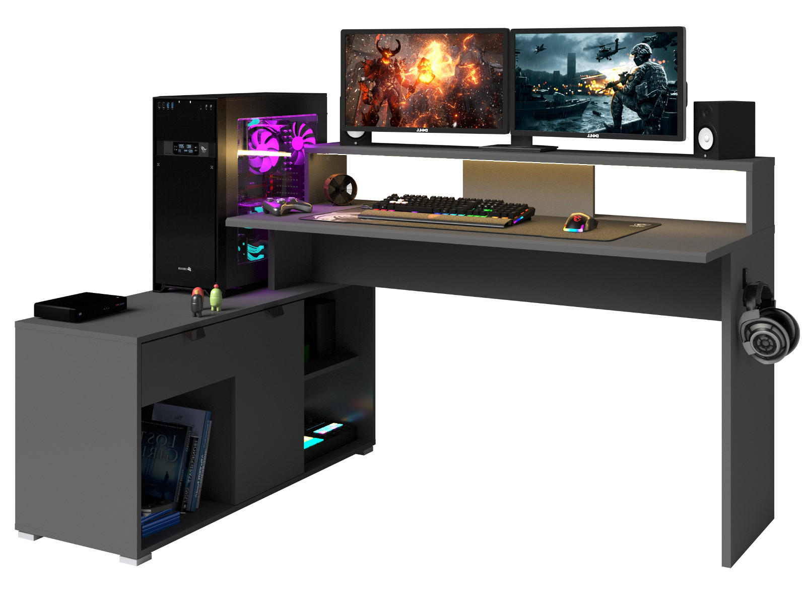 GAMINGTISCH schwarz, grau 229 cm, Gamer Eckchreibtisch inklusive LED mit Farbwechsel - Schwarz/Grau, Holzwerkstoff/Kunststoff (60/229/95cm) - Parisot Meuble