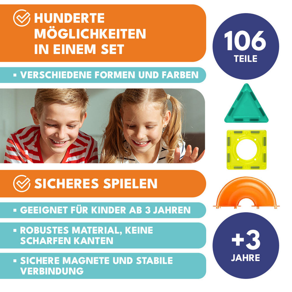 MAGNETISCHE BAUSTEINE 106 Teile - Gelb/Multicolor, Kunststoff (5/5cm) - KRUMAD