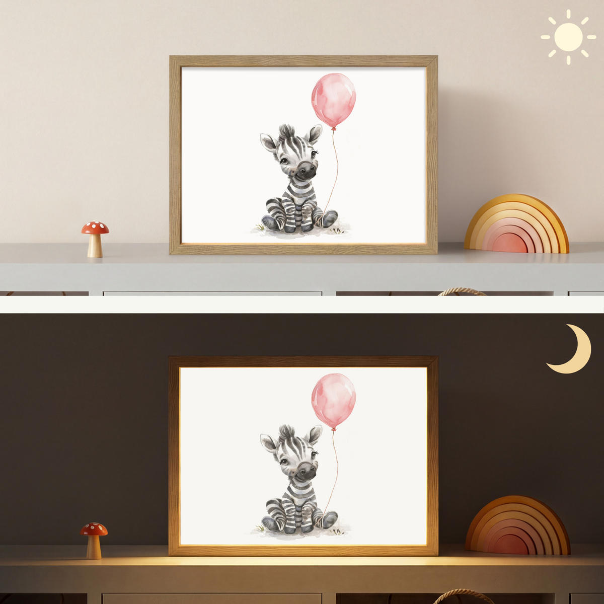 WANDLEUCHTE MIT AKKU Zebra - Baby - Tiere - Rosa Luftballon 40x30 cm - Weiß, Holzwerkstoff (40/30/8cm) - OnlyWow