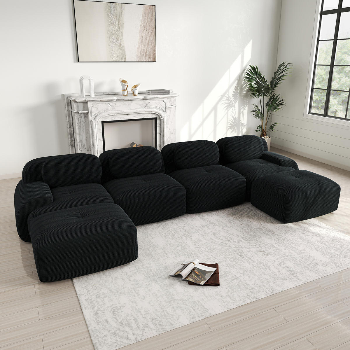 ECKSOFA 388/178/75 cm schwarz aus Cordstoff montagefrei mit ergonomischer Form - Schwarz, Textil (178/388cm) - OKWISH