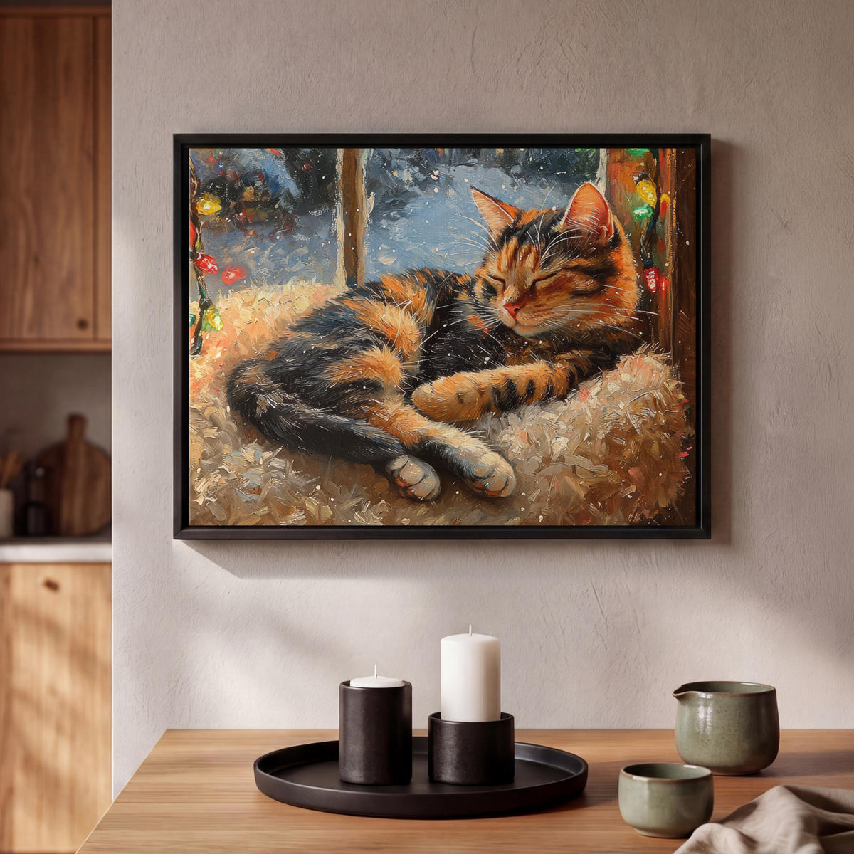 LEINWAND Bilder mit Rahmen - Katze - Weihnachten - Winter - Tier - 40x30 - Bernsteinfarben, Textil (40/30cm) - MuchoWow