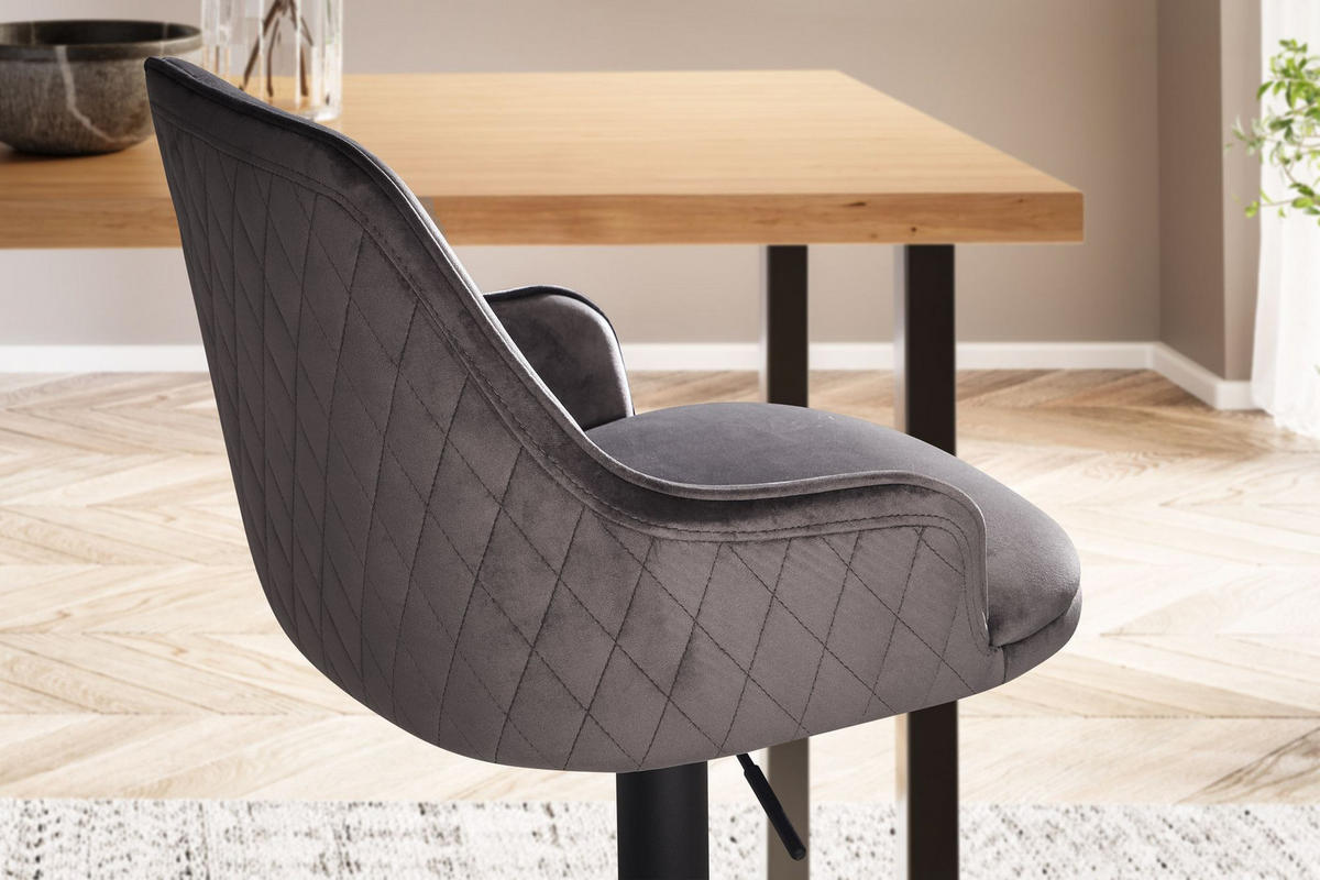 BARHOCKER Samt Lehne Höhenverstellbar Trompetenfuß Armlehne Gepolstert, Grau 45x45x106 cm - Schwarz/Grau, Textil/Metall (45/106/45cm) - KADIMA DESIGN