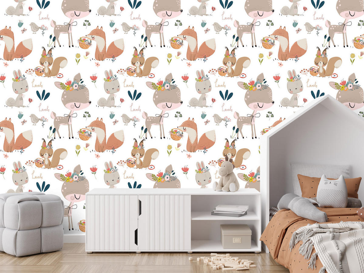 VLIESTAPETE Waldtiere und Blumen – Braun, Rosa, Grün, Weiß – 50x1000 cm - Braun/Rosa, Papier (50/1000cm) - Muralo