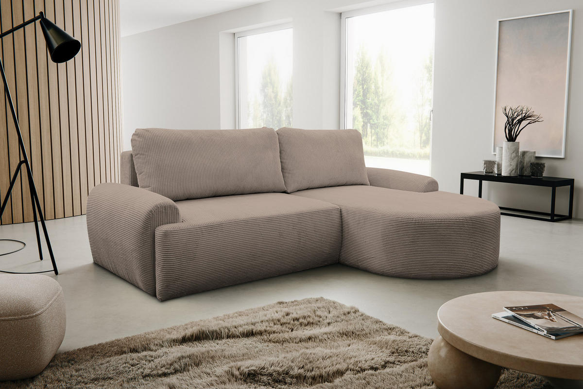 ECKSOFA Dream Cord in L-Form mit Schlaffunktion und Bettkasten, Farbe: Braun, Cordstoff, Ottomane Rechts - Braun, Textil (260/136cm) - VENASI MÖBEL