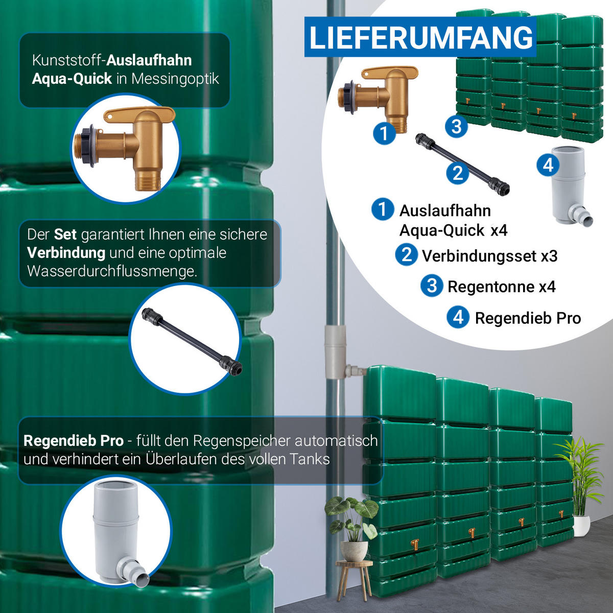 WANDTANK Komplett-Set 1400 L grün 4 x 350 L inkl. Verbindungsset, Kunststoff-Auslaufhahn und Fallrohranschluss - Grün, Kunststoff (270/184/39cm) - 4rain