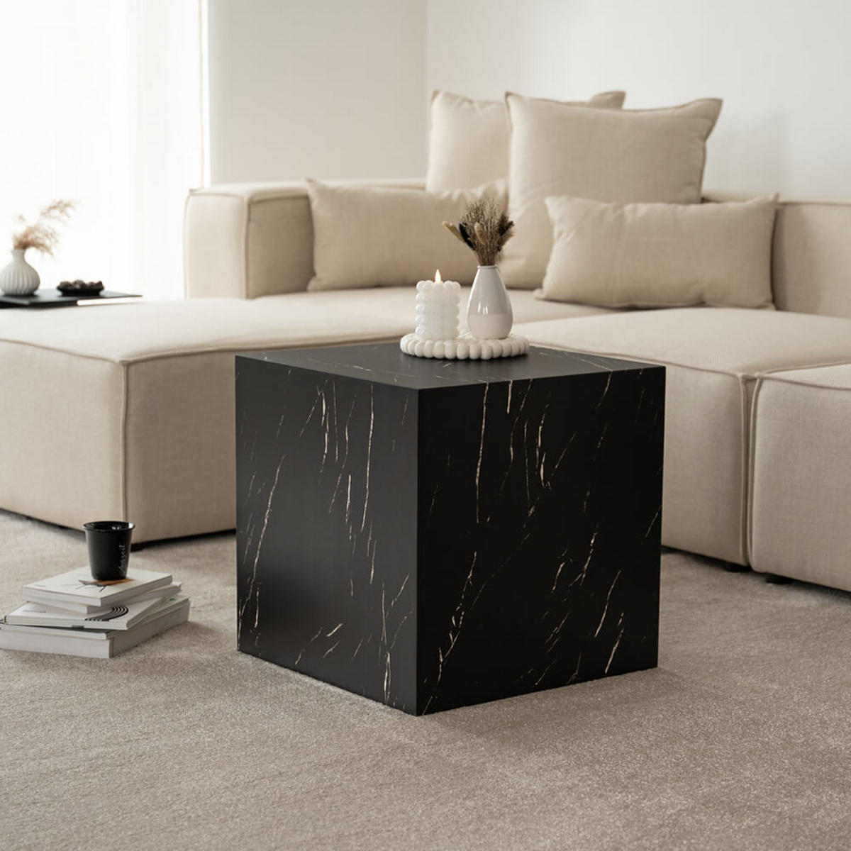 COUCHTISCH Marmor AMIRI M - 50 x 50 cm Schwarz - Schwarz, Holzwerkstoff/Textil (50/50/50cm) - Home Deluxe