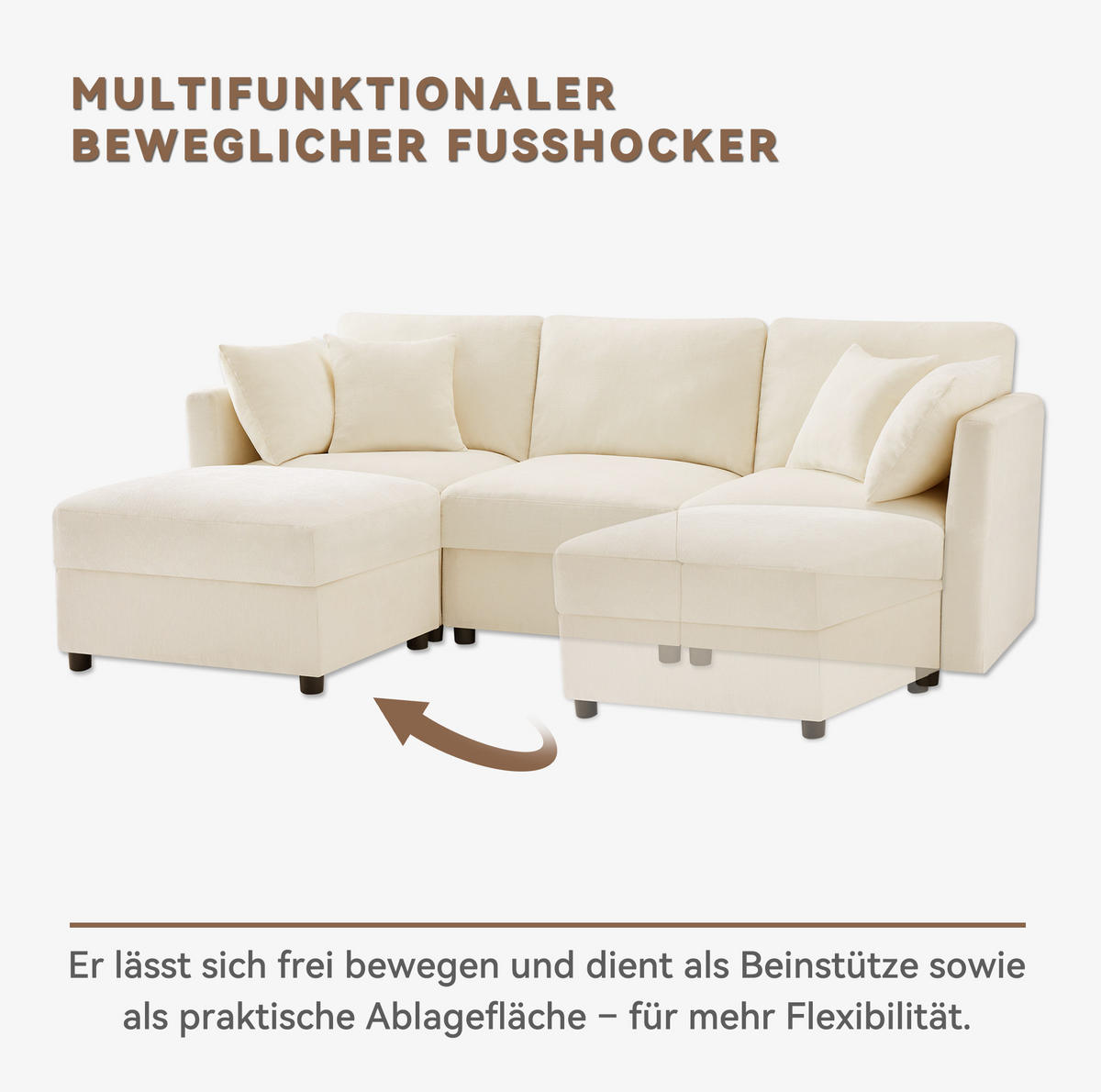 ECKSOFA, Chenille mit verstellbaren Armlehnen & Hocker, 218/156,5/86 cm, Beige - Beige, Textil (156.5/218cm) - Redom