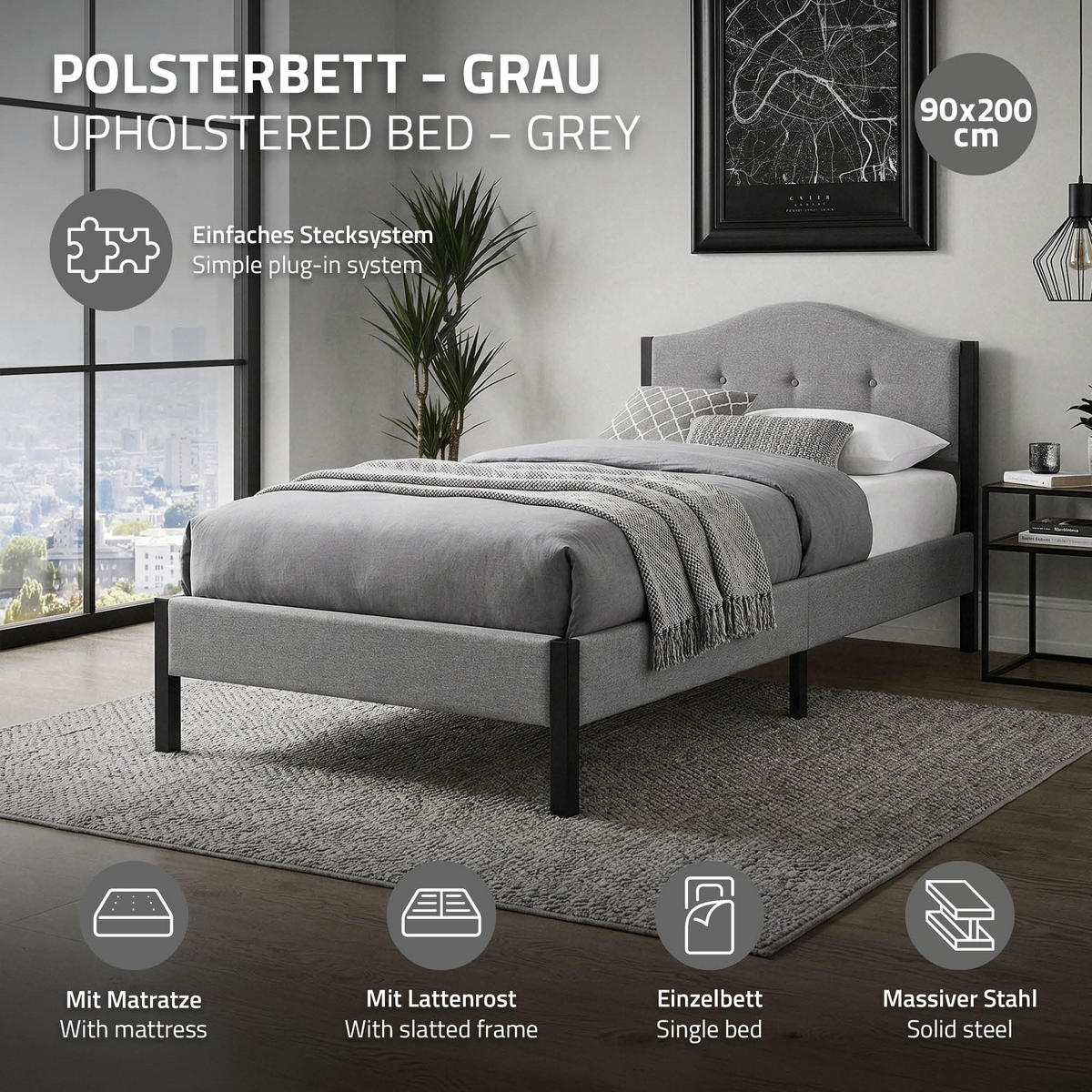 POLSTERBETT 90x200 cm Grau Bettgestell mit Matratze und Lattenrost - Beige/Grau, Holz/Textil (90/200cm) - ML-DESIGN
