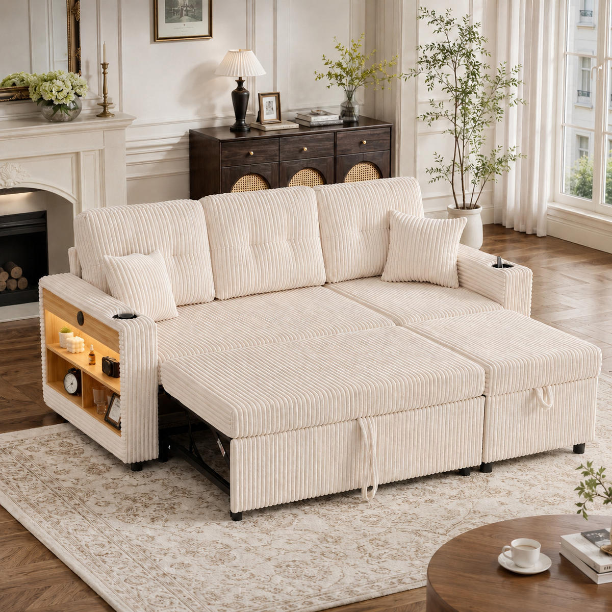 ECKSCHLAFSOFA 196/144/85 cm Beige mit Stauraum, USB-C, Ambientebeleuchtung und Getränkehaltern - Beige, Textil (196/82cm) - Oxeza