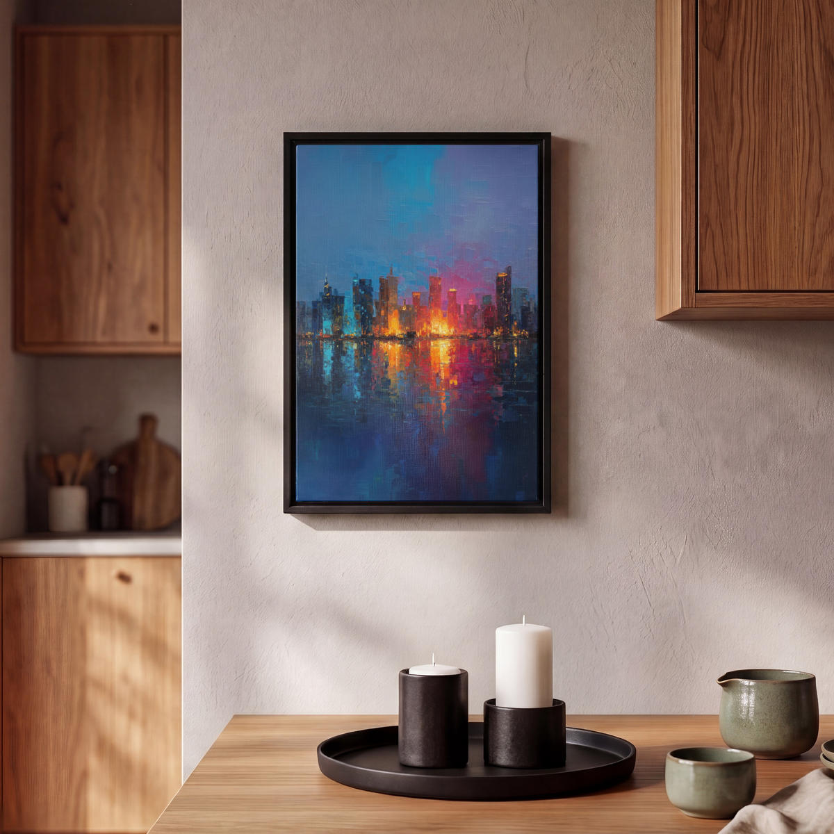 LEINWAND Bilder mit Rahmen - Skyline - Pinselstriche - Dunkelblau - Leuchtend - 20x30 - Blau, Textil (20/30cm) - MuchoWow