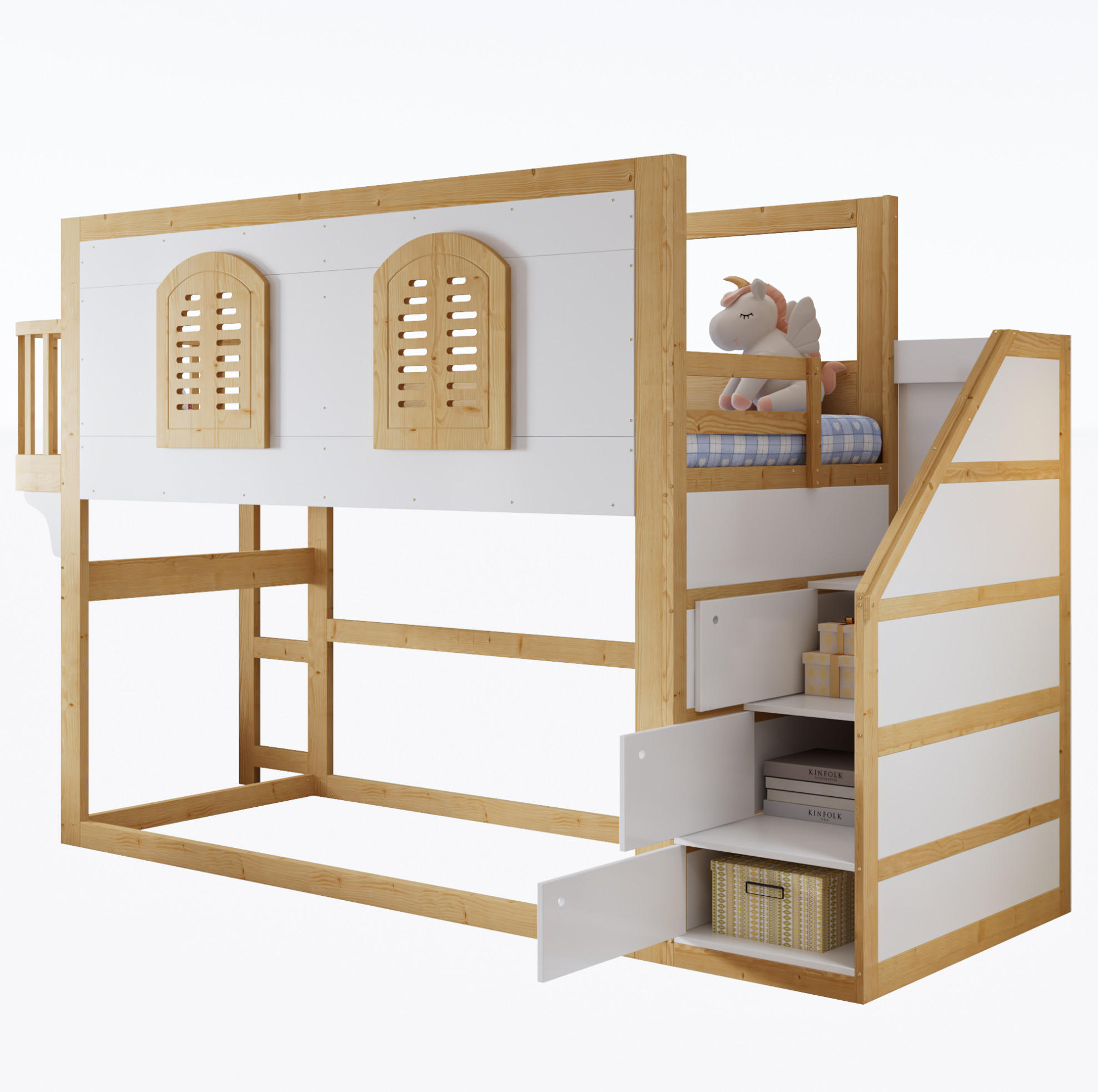 HOCHBETT 90/200 cm, Natur/Weiß mit Treppenschrank und Spielfläche - Weiß, Holz (90/200cm) - MIVRAY