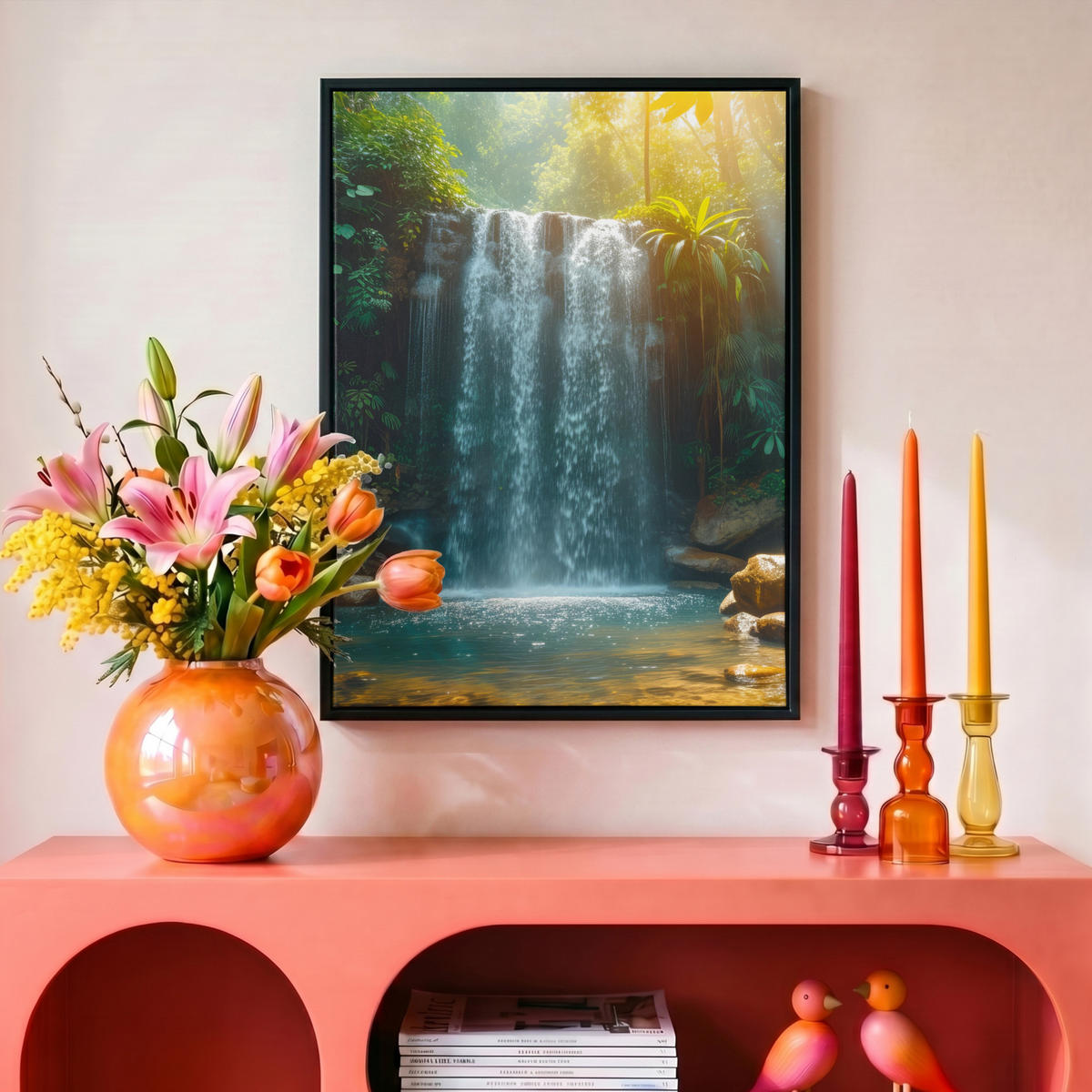LEINWAND Bilder mit Rahmen - Wasserfall - Dschungel - Sonne - Grün - Natur - 30x40 - Grün, Textil (30/40cm) - MuchoWow