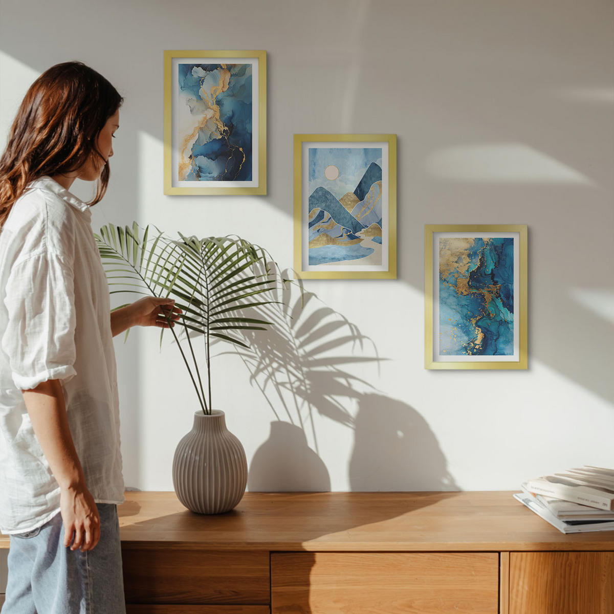 WANDBILDER 3er Set - 20x30 cm Goldrahmen - Abstrakte Muster der Blue Mountains - Goldfarben, Kunststoff (20/30cm) - ArtPrintCave
