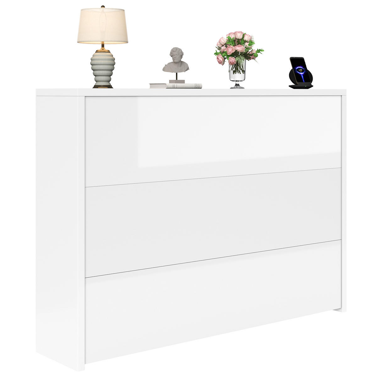 SCHREIBTISCH 115/27/93 cm weiß hochglanz faltbar mit Wireless Charger 2-in-1 - Weiß, Holzwerkstoff (115/27/93cm) - OKWISH