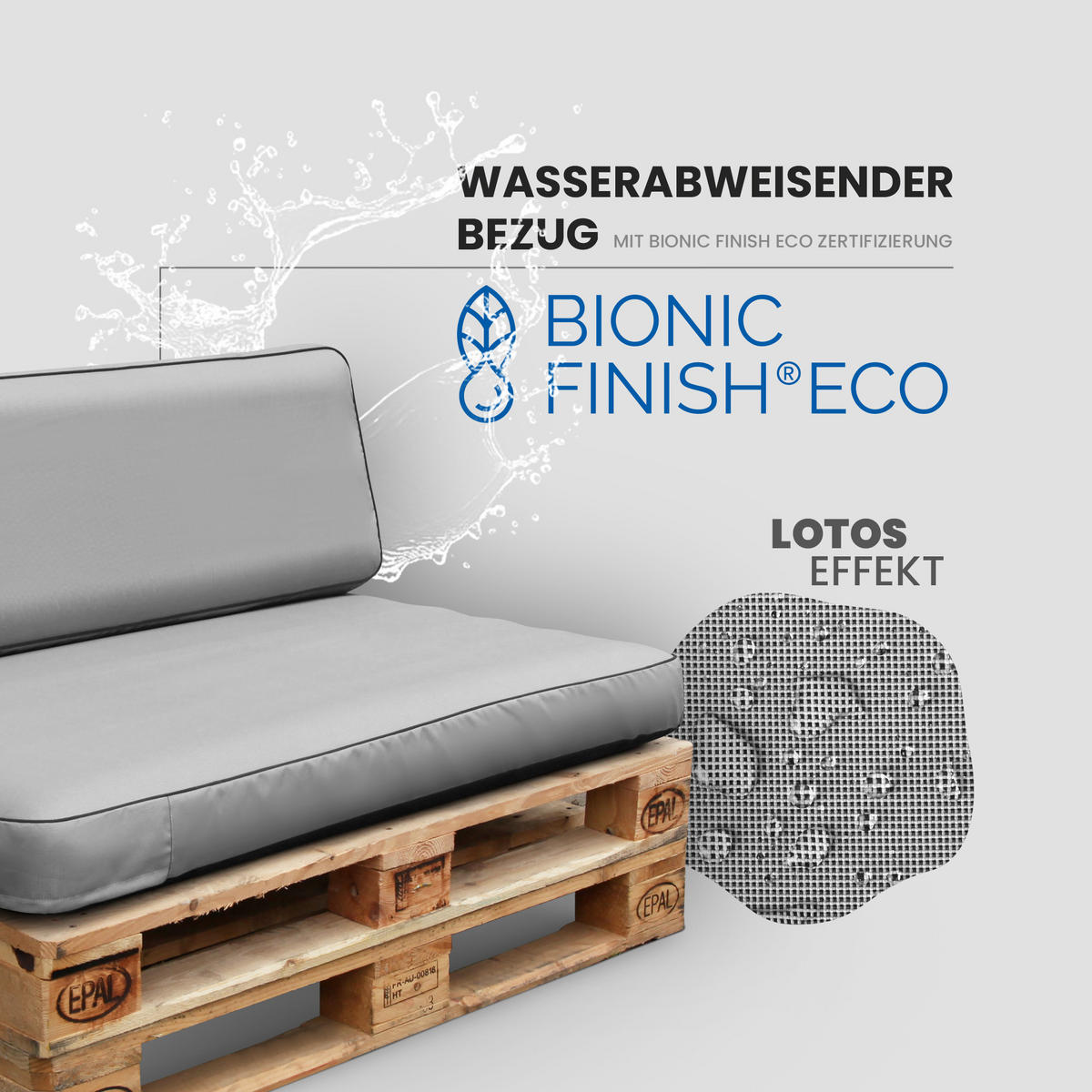 PALETTENKISSEN Set 2-tlg. ( Anthrazit ) - Indoor/Outdoor - 120x80x15 cm + 120x40x15cm - wasserabweisend ( Lotusblüteneffekt ) aufblasbares Innenkissen - Hellgrau, Textil (80/15/120cm) - Arsvita