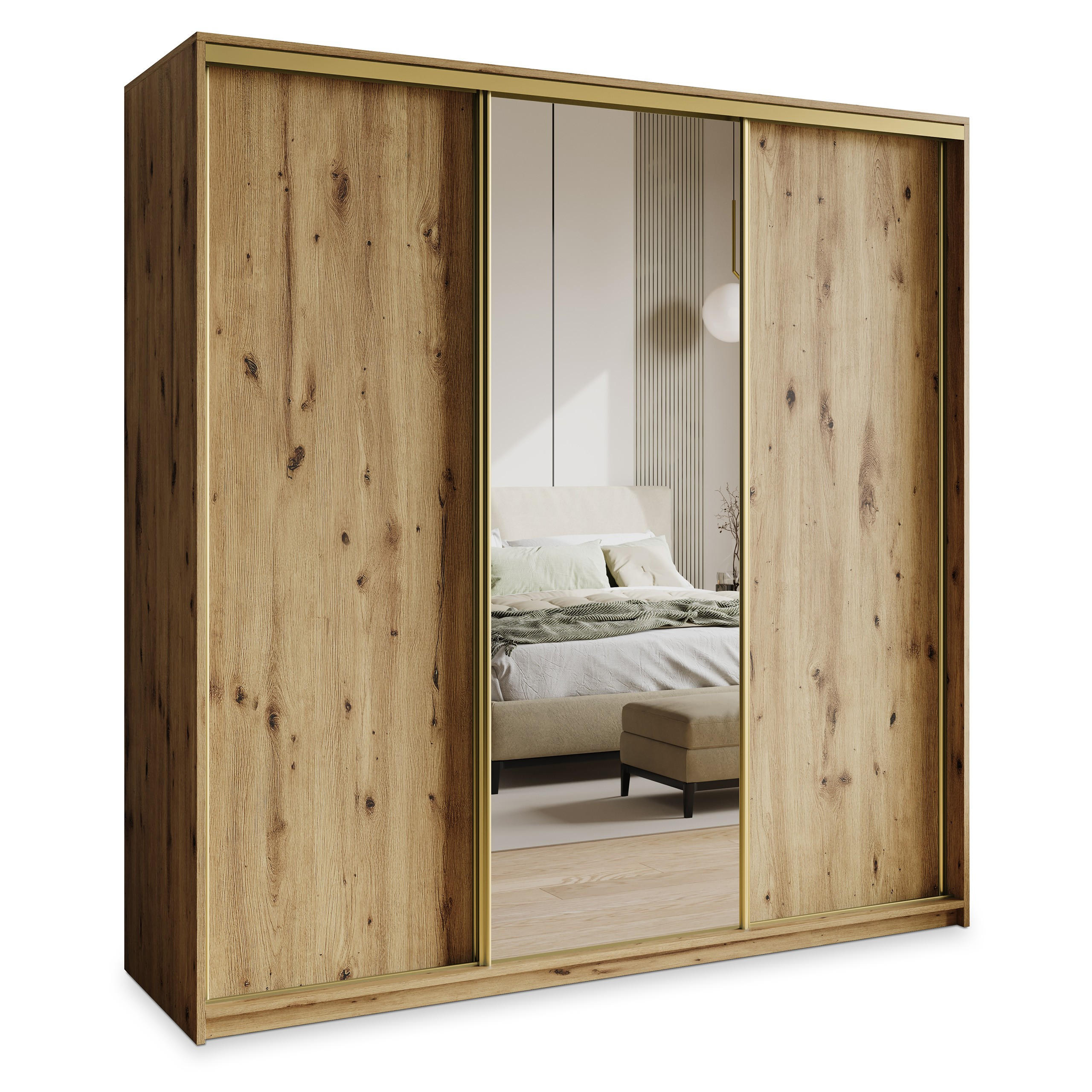 SCHWEBETÜRENSCHRANK TAVI 180/205/60 cm 3-türig mit Spiegel und Schubladen Eiche Artisan - Goldfarben/Eiche Artisan, Holzwerkstoff (180/205/60cm) - MASSENO
