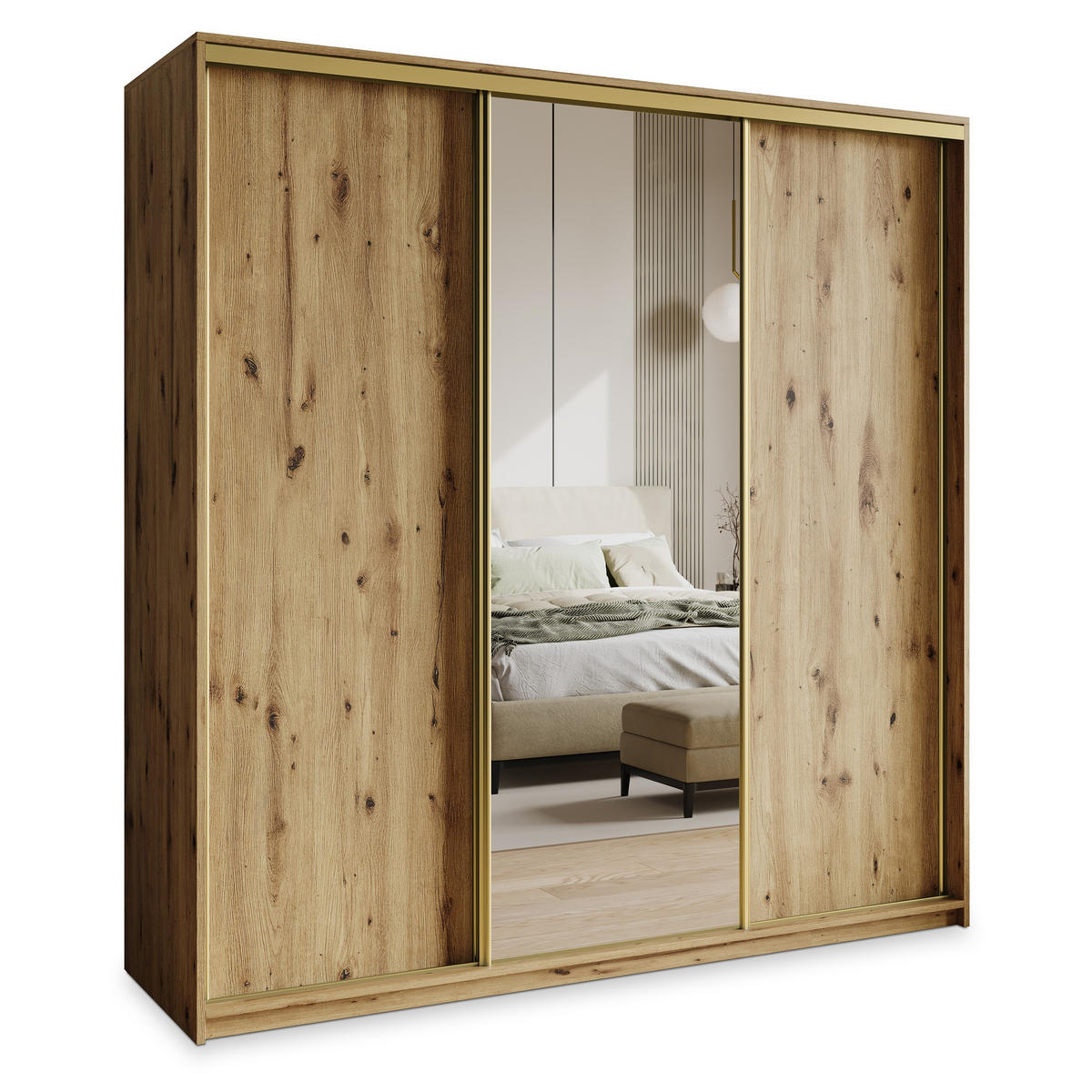 SCHWEBETÜRENSCHRANK TAVI 180/205/60 cm 3-türig mit Spiegel und Schubladen Eiche Artisan - Goldfarben/Eiche Artisan, Holzwerkstoff (180/205/60cm) - MASSENO