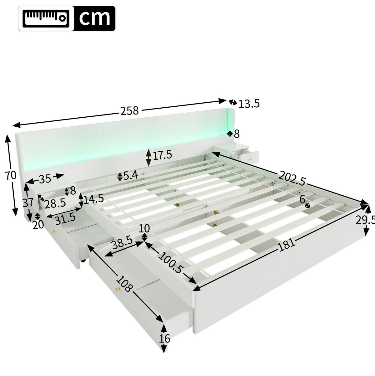 KINDERBETT aus MDF 180x200 cm Weiß mit USB, Steckdose, LED-App-Steuerung und Stauraum - Weiß, Holzwerkstoff (180/200cm) - Modfu