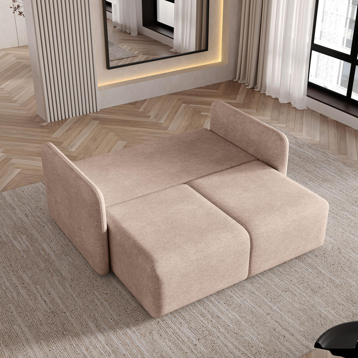BETTSOFA SUVI II NV Beige Geflochtener Stoff mit Schlaffunktion - Beige, Textil (90/85/153cm) - MASSENO