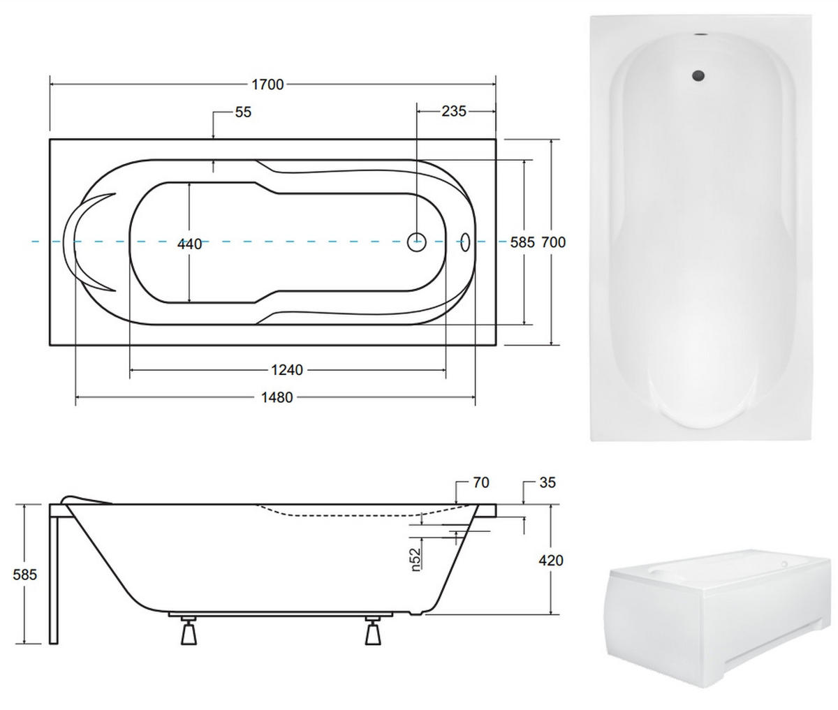 BADEWANNE Rechteck BONA 170/70 + Ablage Ablauf Füße - Weiß, Kunststoff (70/58.5/170cm) - bad land