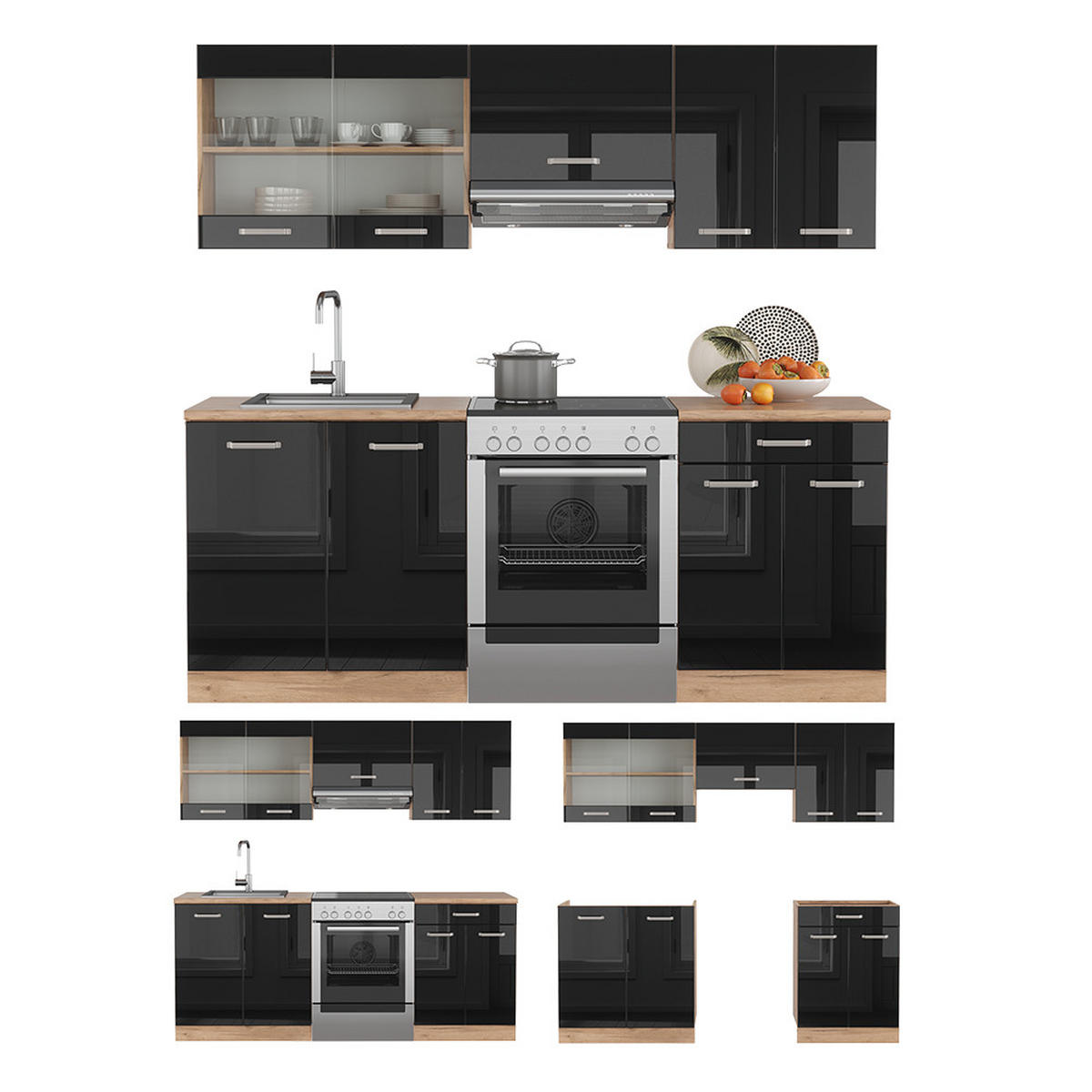 KÜCHE R-Line Schwarz Hochglanz/Goldkraft Eiche 200 cm ohne AP - Honigeiche/Schwarz Hochglanz, Holzwerkstoff (200/81.6/46cm) - Vicco