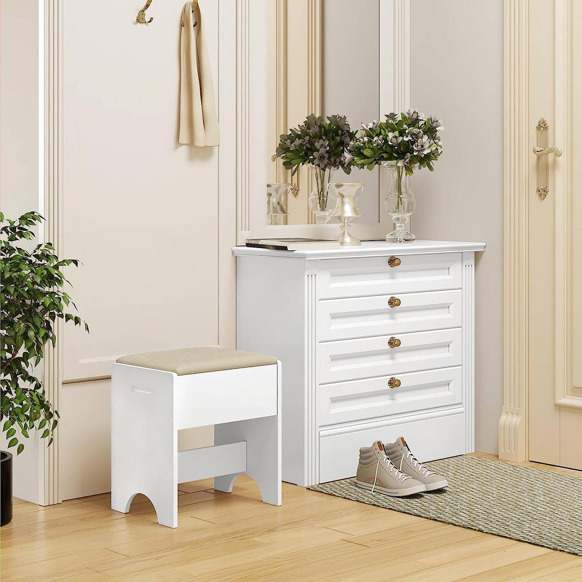 SCHMINKHOCKER mit Leinenbezug, 150 kg belastbar, Holz, Weiß Beige - Beige/Weiß, Holzwerkstoff/Textil (40/45/30cm) - Woltu