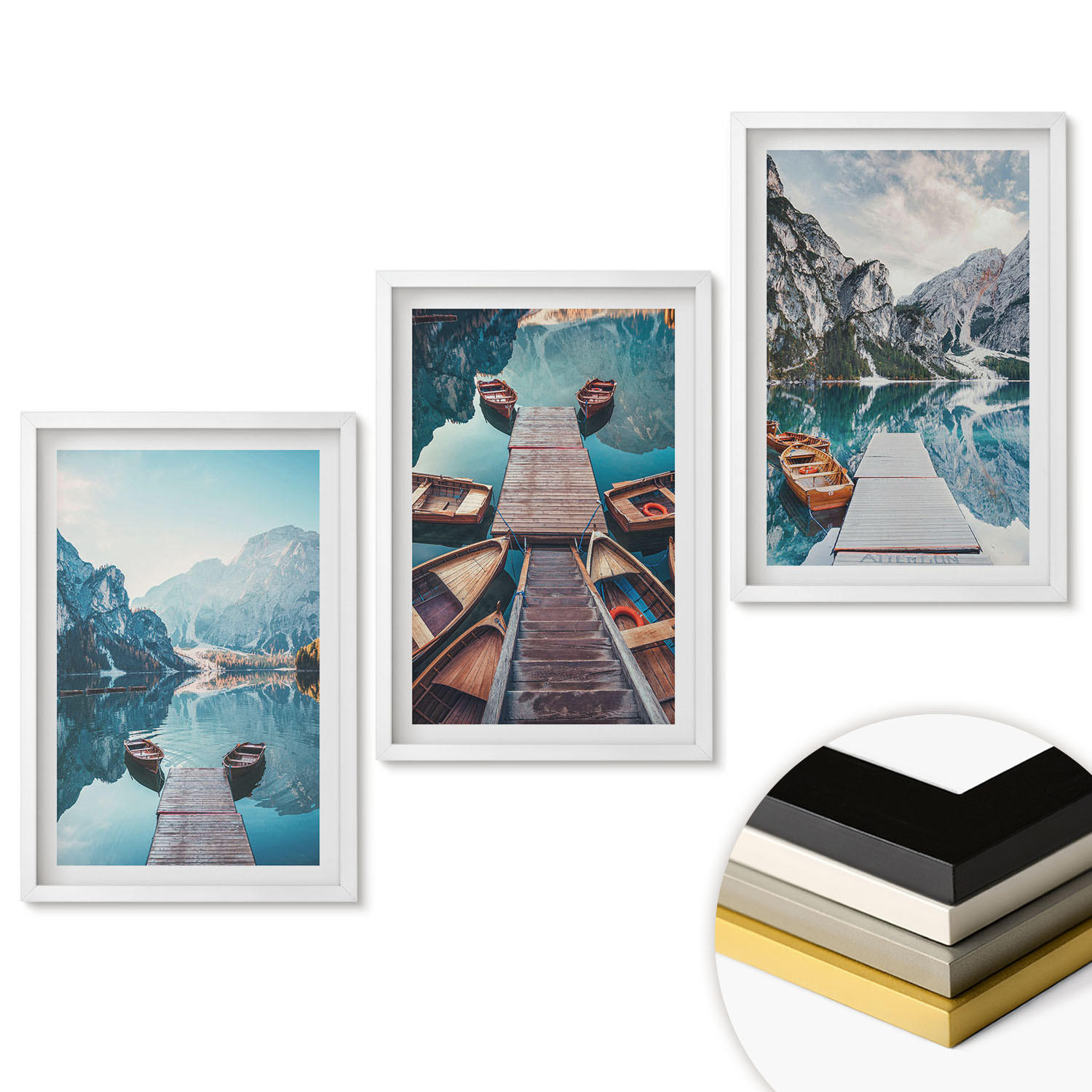 WANDBILDER 3er-Set - 40x60 cm Weißer Rahmen - Seebrücken, Boote, Frieden - Weiß, Kunststoff (40/60cm) - ArtPrintCave