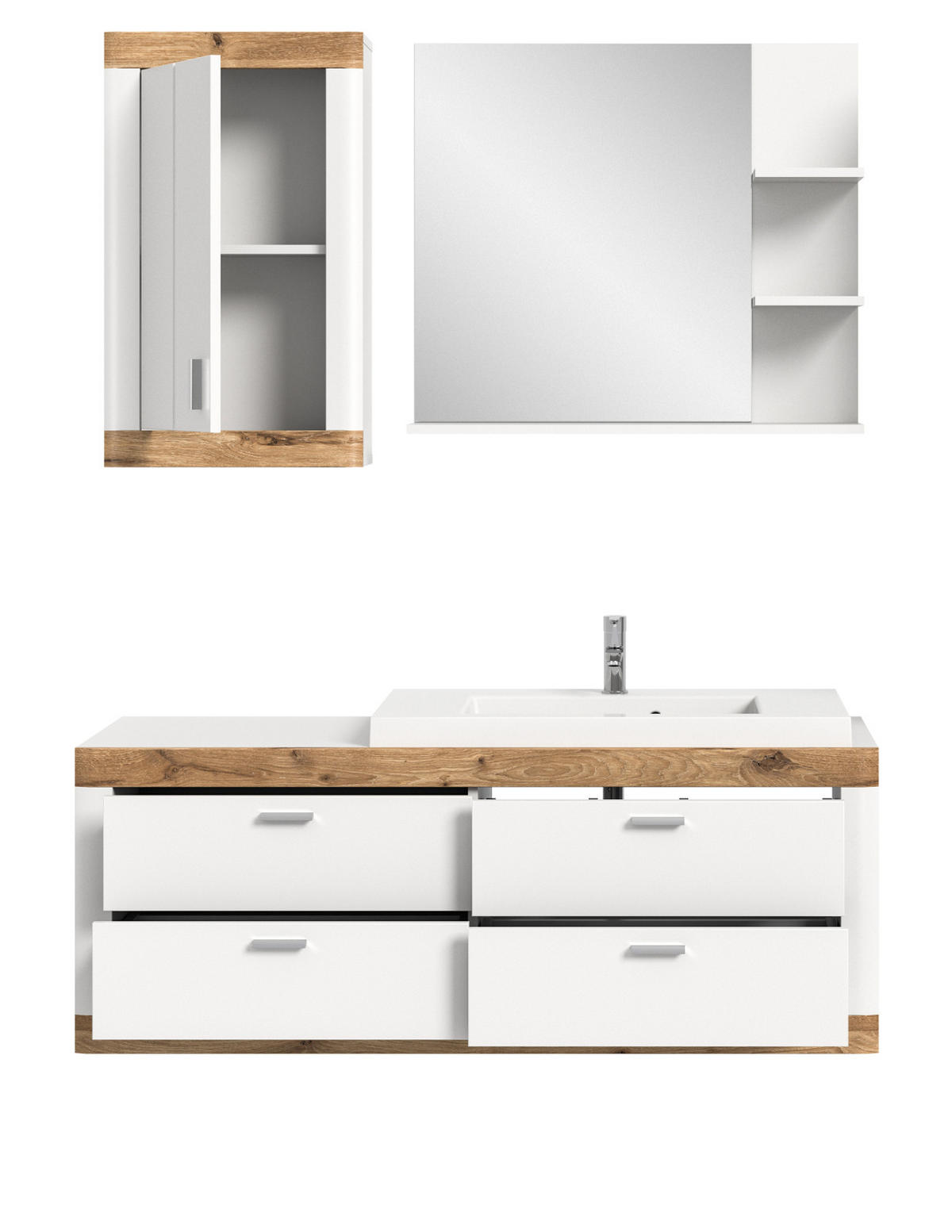 BADMÖBEL-SET 4-teilig weiß, Eiche 133 cm, Badschränke mit Waschbecken - Eichefarben/Weiß, Glas/Keramik (132/172/48cm) - Inn.Furn