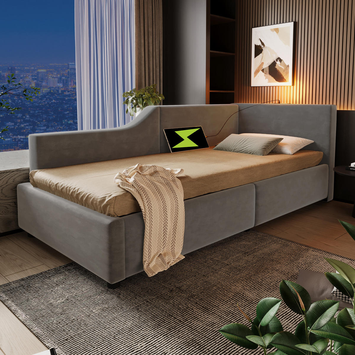 ČALOUNĚNÁ postel 90/190 cm, samet, šedá s úložným prostorem, LED lampou a USB-C - šedá, textil (90/190cm) - BEAOK