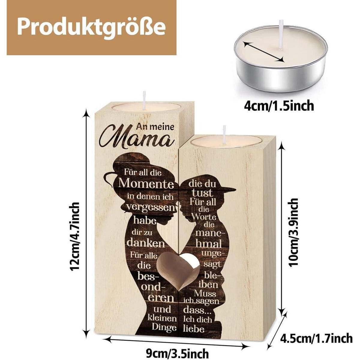 KERZENSTÄNDER Holz mit Gravur "An meine Mama" - Braun, Holz (4.5/12/9cm)