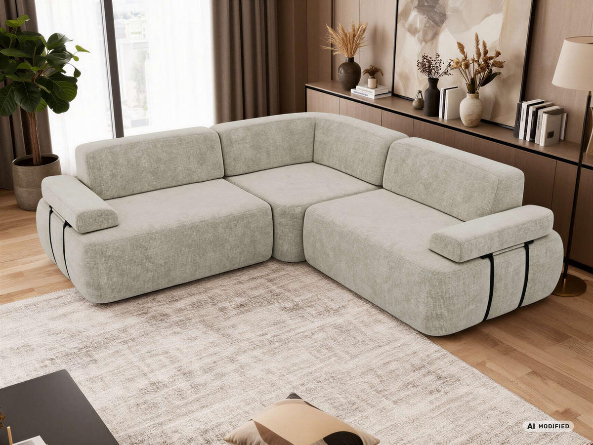 ECKSOFA MIREO L - Creme Schenille grob gewebt - Creme/Schwarz, Kunststoff/Textil (257/257cm) - MKS