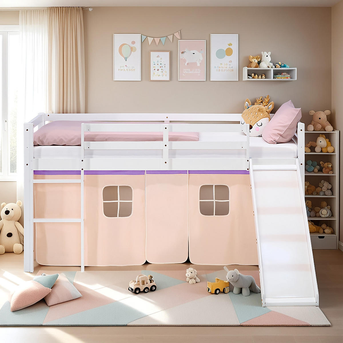 HOCHBETT 90/200 cm in weiß Rutsche Bettvorhang peach Matratze - Lila/Weiß, Holz/Textil (90/200cm) - Homestyle4u