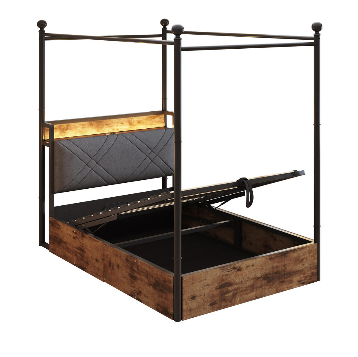 METALLBETT 90/190 cm Schwarz mit Stauraum, LED-Beleuchtung und USB-/Type-C - Schwarz, Metall (90/190cm) - Flora Grace