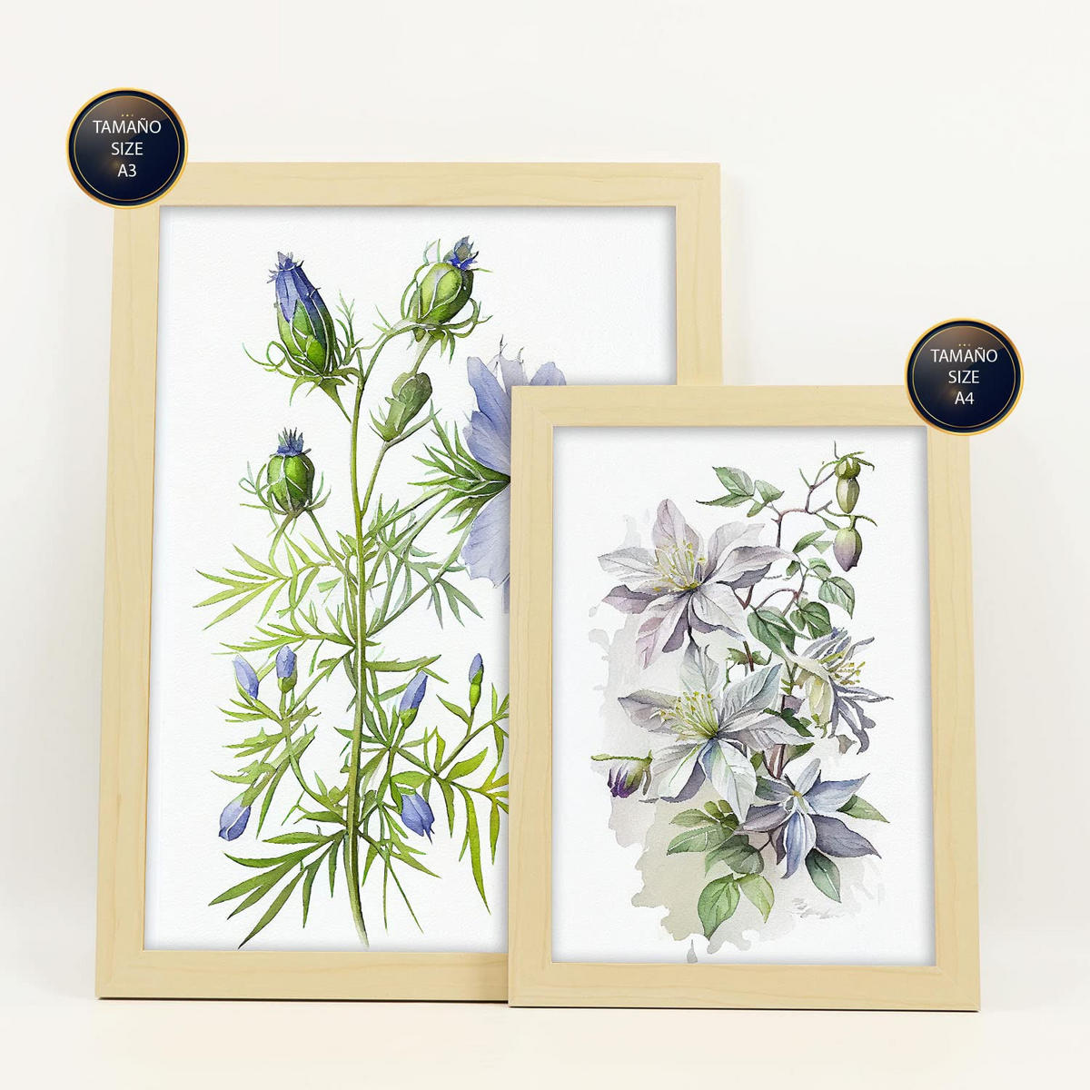 POSTER Set Mit 6 Blaue Blumen Vollfarbige Natur Und Botanikdrucke Mit Blumenmotiven Auf Reinweißen Hintergründen A3 & A4 Rahmen Aus Hellem Holz - Beige, Papier (29/3cm) - Nacnic