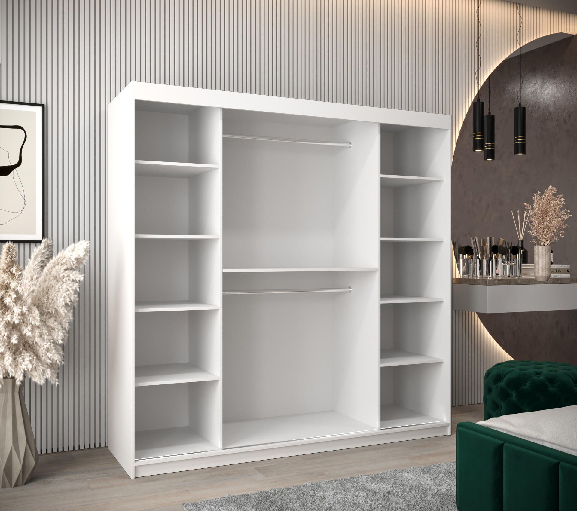 Thumbnail - Abiks Möbel Schwebetürenschrank, Weiß, Schwarz, Kunststoff, Nachbildung, 9 Fächer, 200x200x62 cm, Schlafzimmer, Kleiders...