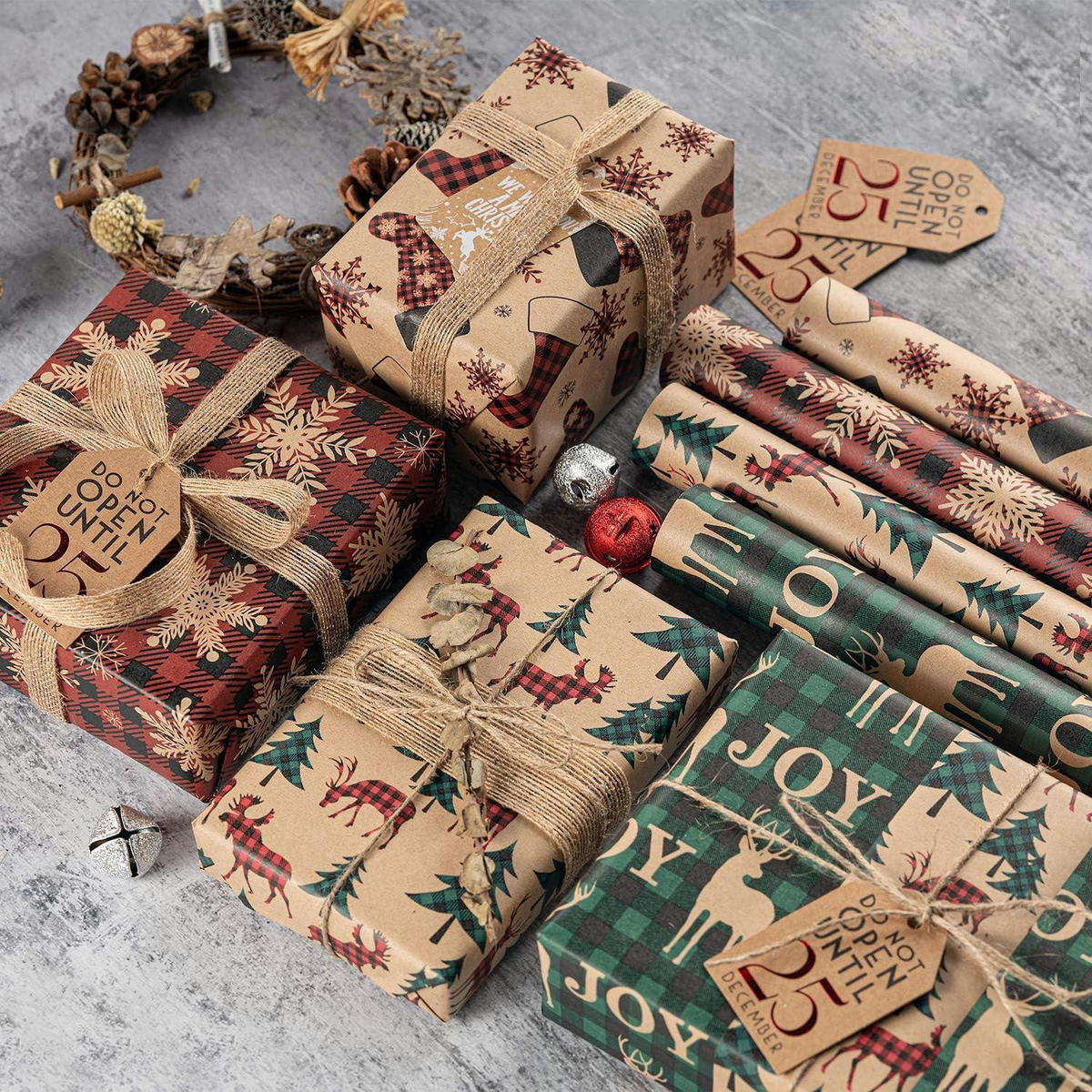 GESCHENKPAPIER 4 Rollen Kraftpapier Weihnachtsmotive 76 x 305 cm - Multicolor, Papier (4/76/15cm)
