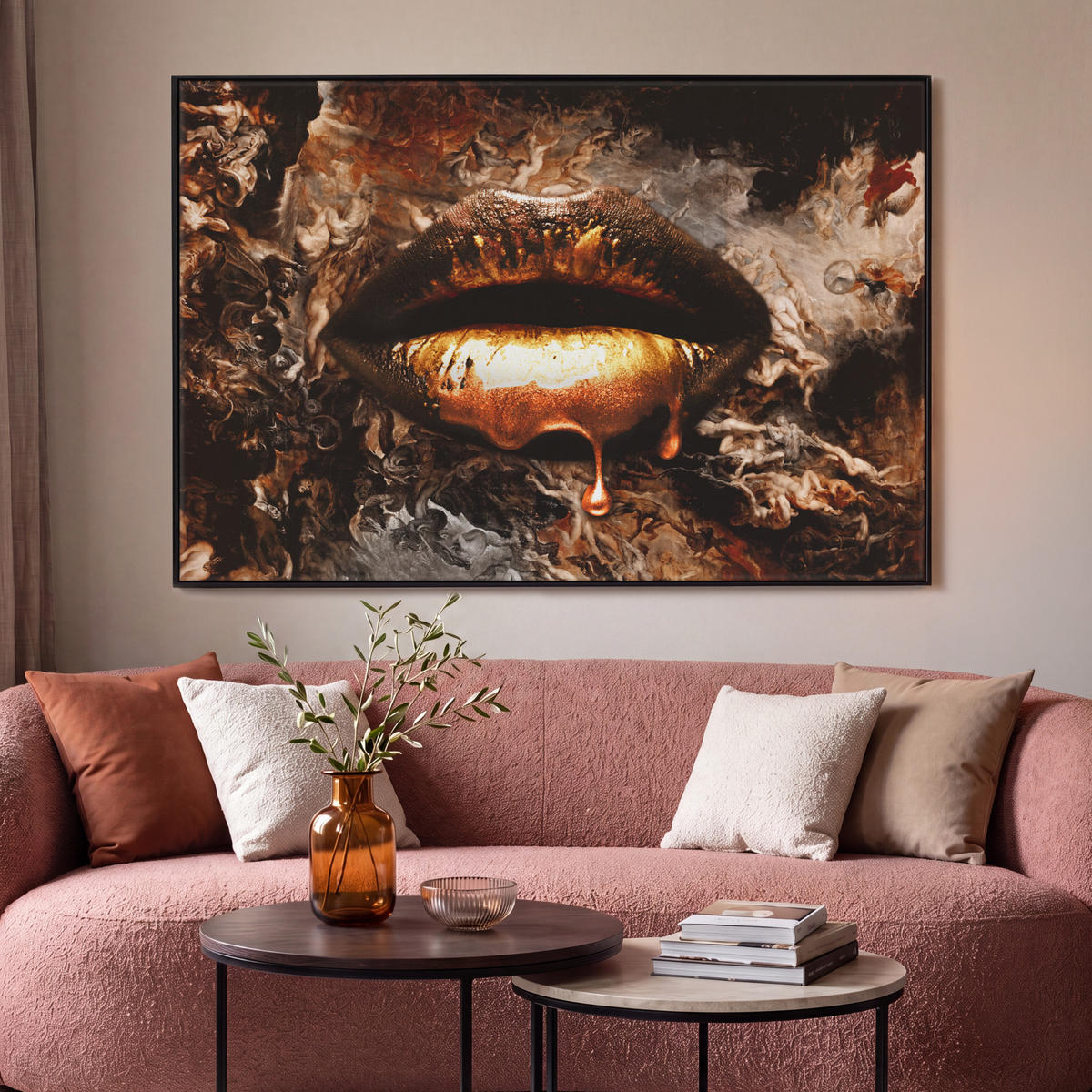 LEINWAND Bilder mit Rahmen - Gold - Lippen - Kunst - Gold - Luxus - Abstrakt - 140x90 - Kupferfarben, Textil (140/90cm) - MuchoWow