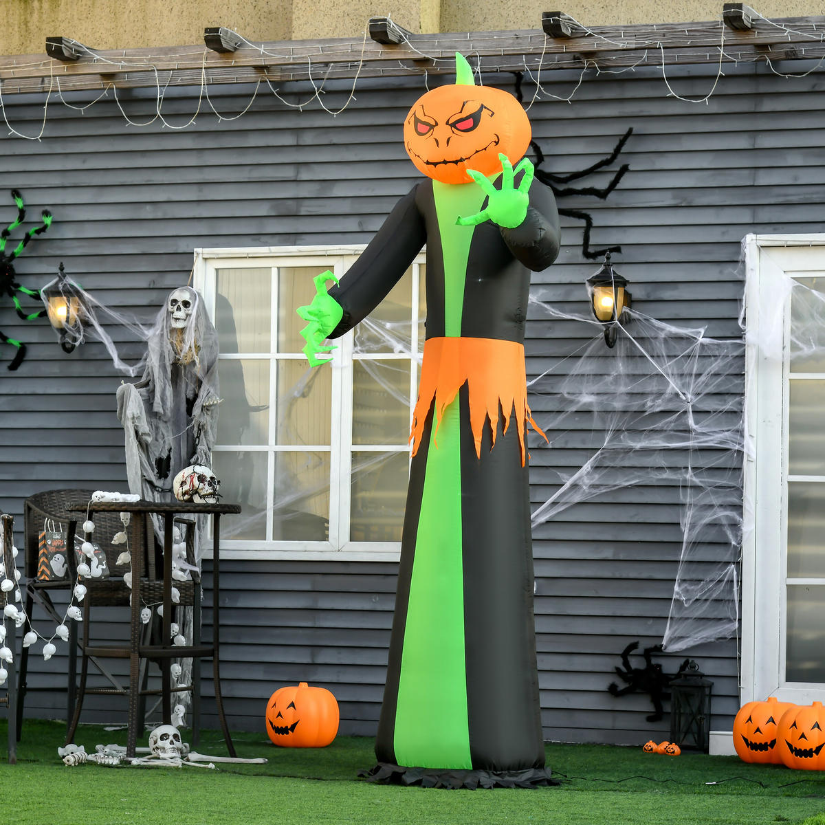 AUFBLASBAR Kürbis Halloween Dekoration Selbstaufblasend Schreck Gespenst mit LED - Schwarz, Kunststoff (96/270/100cm) - HOMCOM